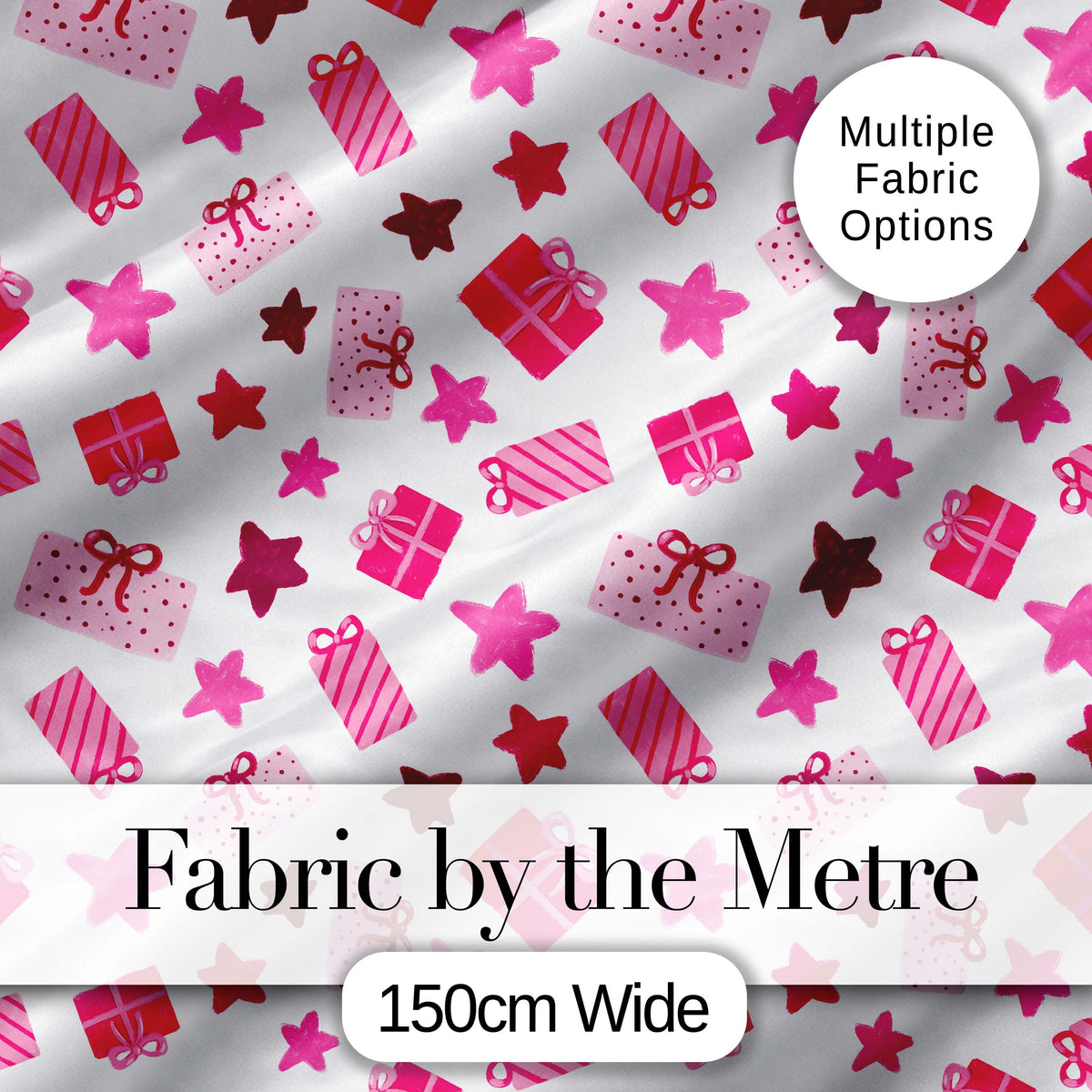 Cute Pink Gift Box Star Festive Seamless Pattern Digital Print Fabric by the Metre UK Sewing Quilting Textile