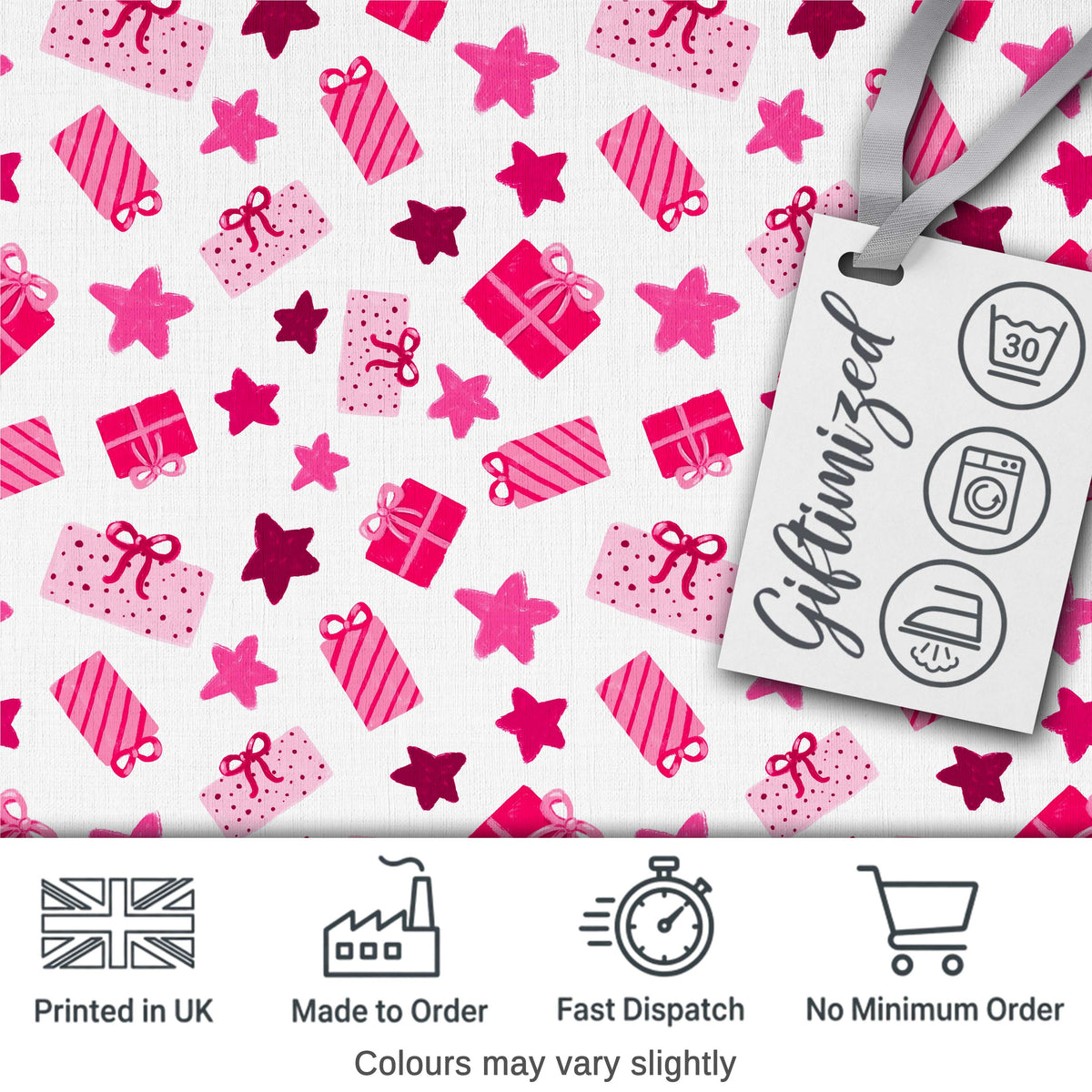 Cute Pink Gift Box Star Festive Seamless Pattern Digital Print Fabric by the Metre UK Sewing Quilting Textile