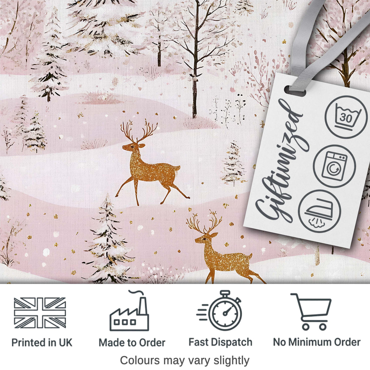 Winter Wonderland Deer Snowy Forest Pink Seamless Pattern Digital Print Fabric by the Metre UK Sewing Quilting Textile