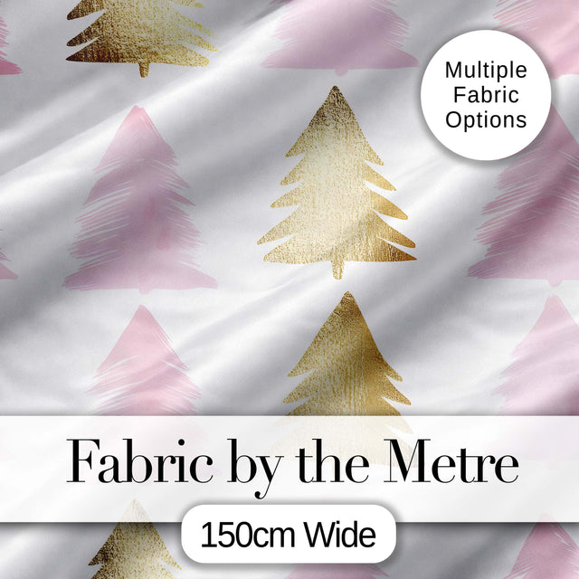 Minimal Pink and Gold Christmas Tree Modern Seamless Pattern Digital Print Fabric by the Metre UK Sewing Quilting Textile