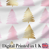 Minimal Pink and Gold Christmas Tree Modern Seamless Pattern Digital Print Fabric by the Metre UK Sewing Quilting Textile