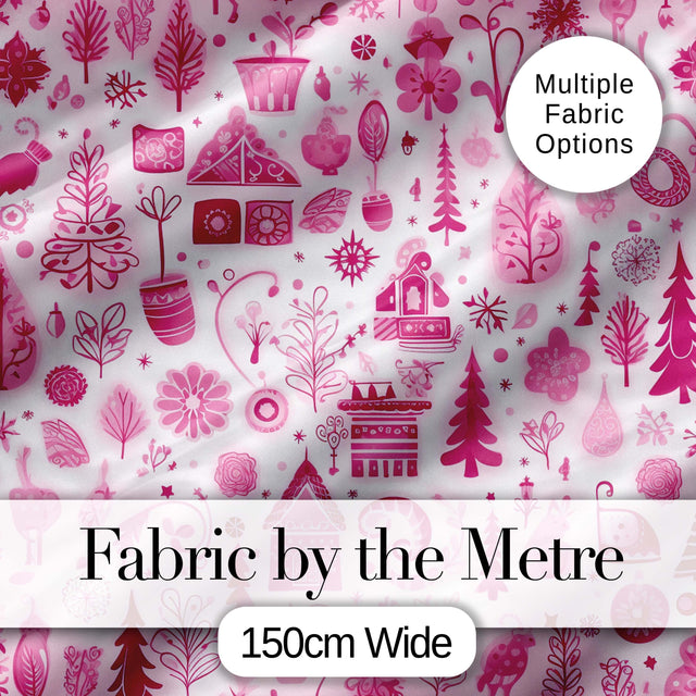 Cute Pink Christmas Icon Doodle Holiday Seamless Pattern Digital Print Fabric by the Metre UK Sewing Quilting Textile