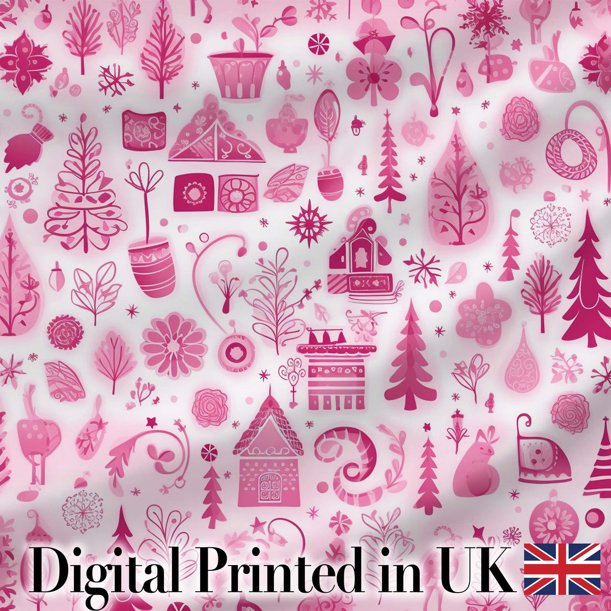 Cute Pink Christmas Icon Doodle Holiday Seamless Pattern Digital Print Fabric by the Metre UK Sewing Quilting Textile
