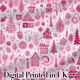 Cute Pink Christmas Icon Doodle Holiday Seamless Pattern Digital Print Fabric by the Metre UK Sewing Quilting Textile