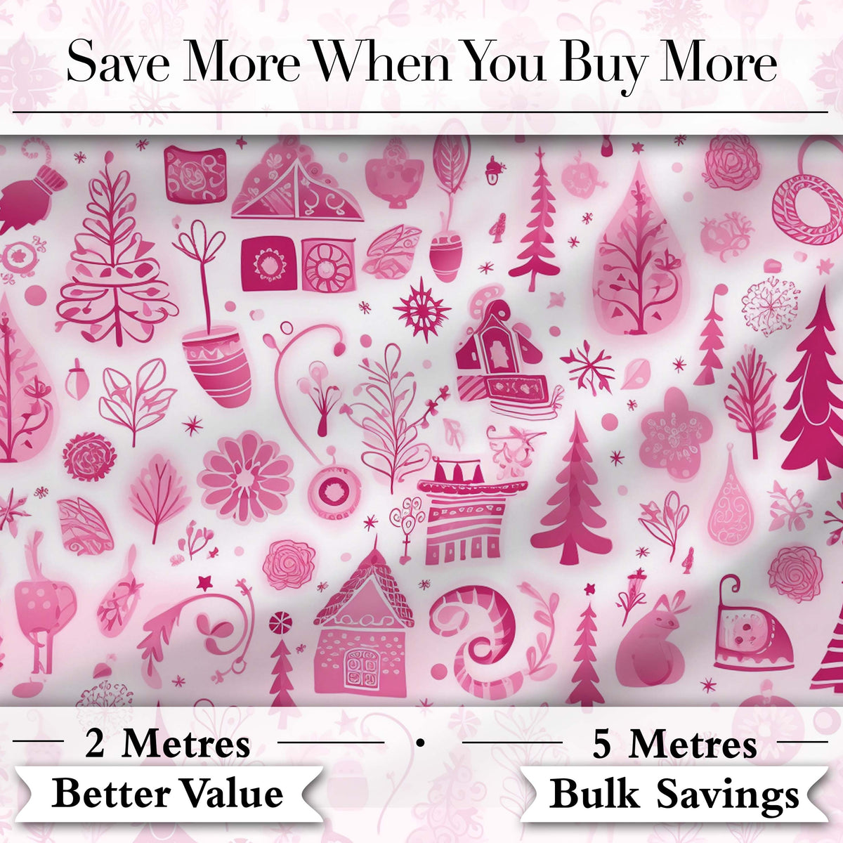 Cute Pink Christmas Icon Doodle Holiday Seamless Pattern Digital Print Fabric by the Metre UK Sewing Quilting Textile
