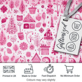 Cute Pink Christmas Icon Doodle Holiday Seamless Pattern Digital Print Fabric by the Metre UK Sewing Quilting Textile