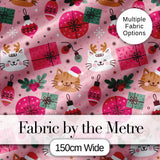 Cute Christmas Cats Gifts and Baubles Pink Festive Seamless Pattern Digital Print Fabric by the Metre UK Sewing Quilting Textile