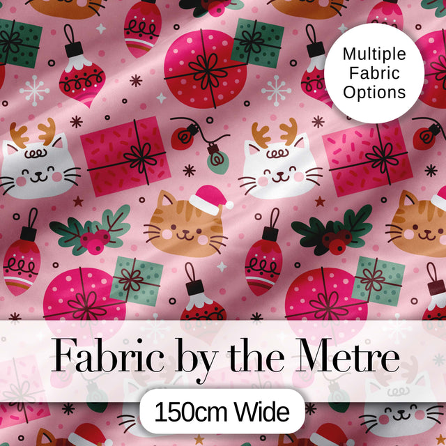 Cute Christmas Cats Gifts and Baubles Pink Festive Seamless Pattern Digital Print Fabric by the Metre UK Sewing Quilting Textile