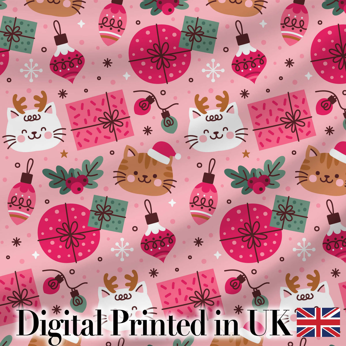 Cute Christmas Cats Gifts and Baubles Pink Festive Seamless Pattern Digital Print Fabric by the Metre UK Sewing Quilting Textile