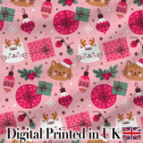Cute Christmas Cats Gifts and Baubles Pink Festive Seamless Pattern Digital Print Fabric by the Metre UK Sewing Quilting Textile
