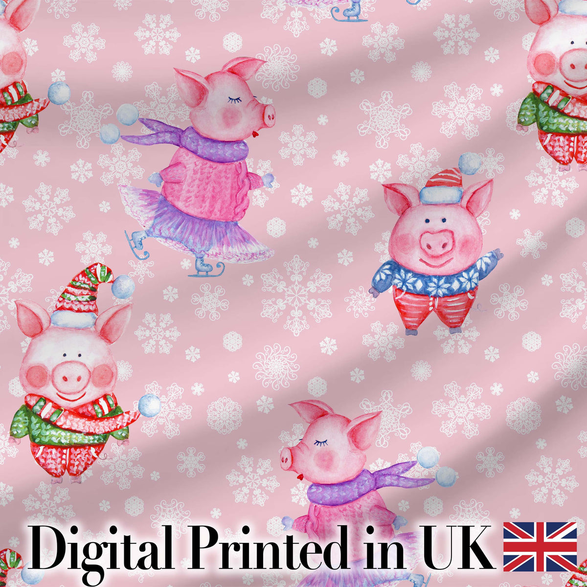 Cute Winter Pig Ice Skating Snowflake Seamless Pattern Digital Print Fabric by the Metre UK Sewing Quilting Textile