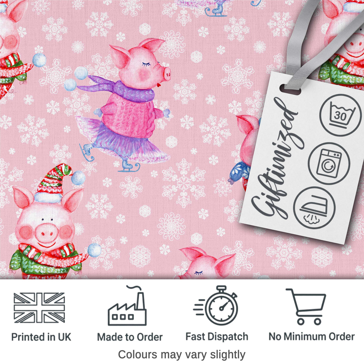 Cute Winter Pig Ice Skating Snowflake Seamless Pattern Digital Print Fabric by the Metre UK Sewing Quilting Textile
