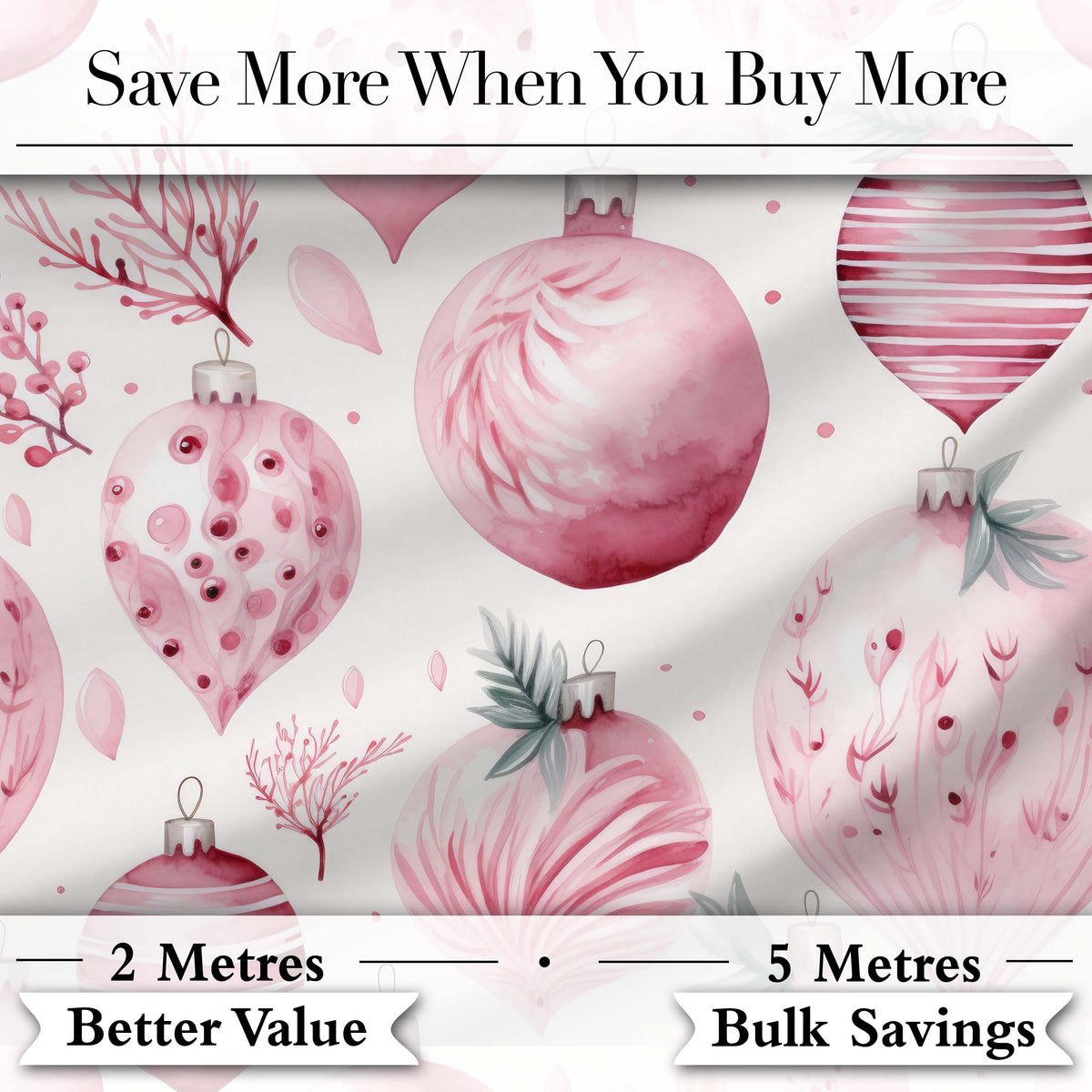Elegant Pink Watercolor Christmas Baubles Seamless Pattern Digital Print Fabric by the Metre UK Sewing Quilting Textile