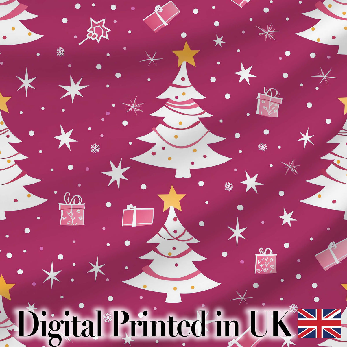 White Christmas Tree Stars Gift Pink Background Seamless Pattern Digital Print Fabric by the Metre UK Sewing Quilting Textile