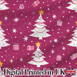 White Christmas Tree Stars Gift Pink Background Seamless Pattern Digital Print Fabric by the Metre UK Sewing Quilting Textile