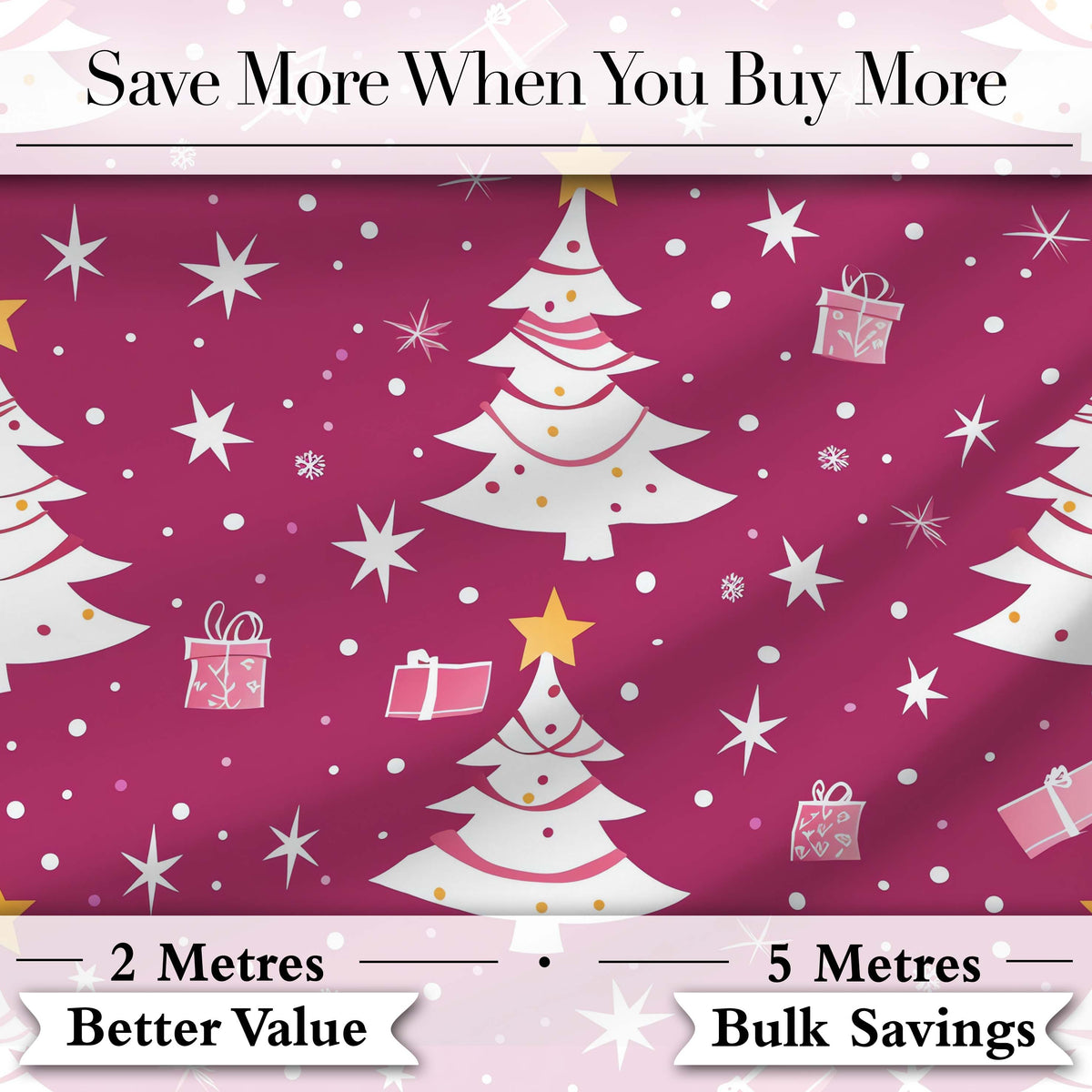 White Christmas Tree Stars Gift Pink Background Seamless Pattern Digital Print Fabric by the Metre UK Sewing Quilting Textile