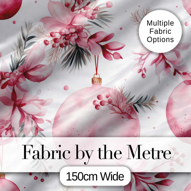 Elegant Pink Watercolor Floral Baubles Winter Holiday Seamless Pattern Digital Print Fabric by the Metre UK Sewing Quilting Textile