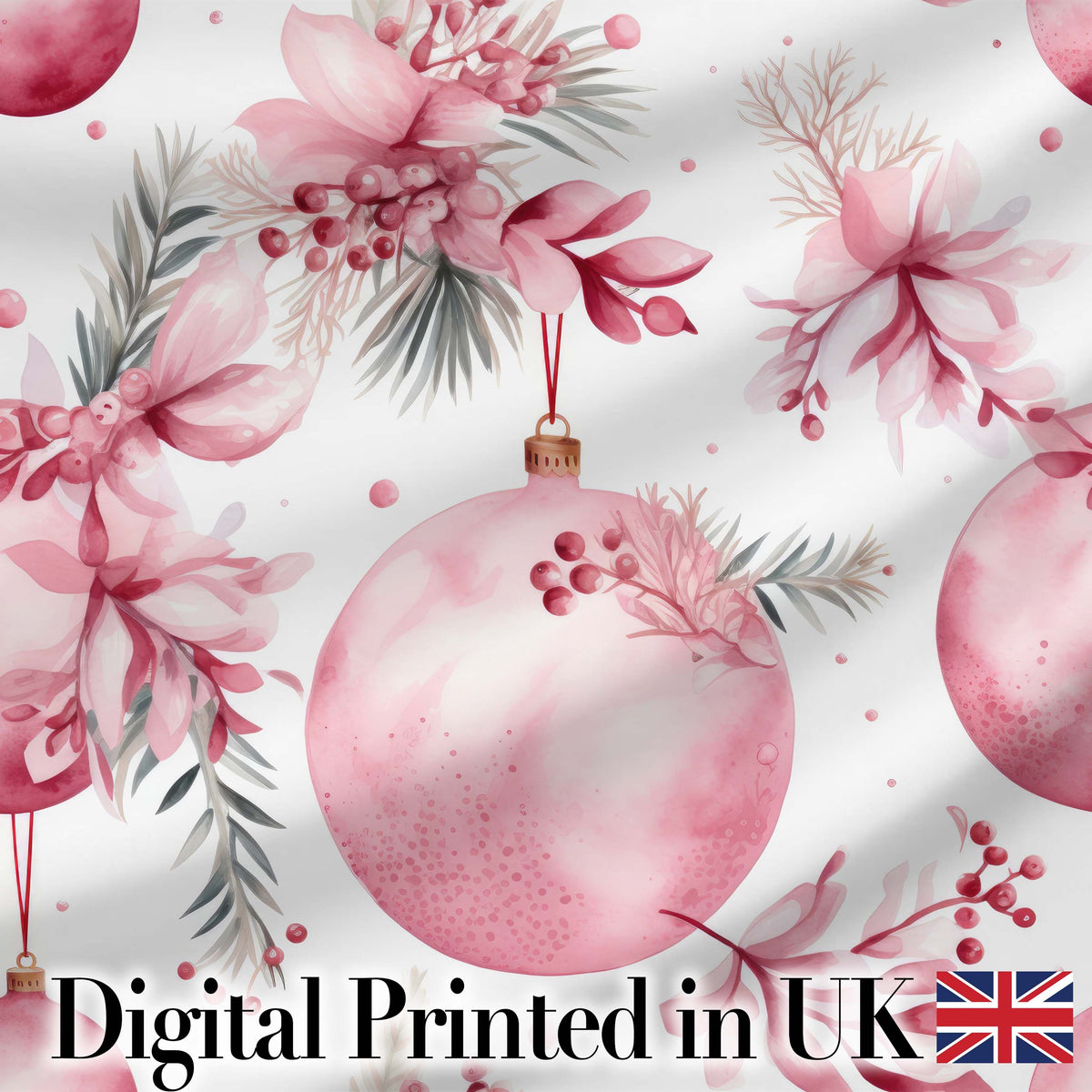 Elegant Pink Watercolor Floral Baubles Winter Holiday Seamless Pattern Digital Print Fabric by the Metre UK Sewing Quilting Textile