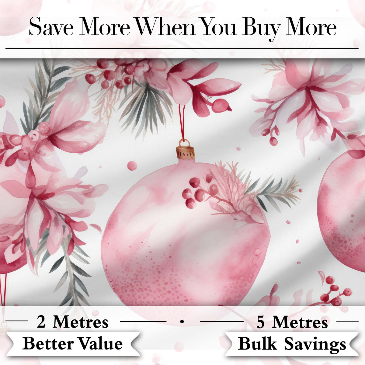 Elegant Pink Watercolor Floral Baubles Winter Holiday Seamless Pattern Digital Print Fabric by the Metre UK Sewing Quilting Textile
