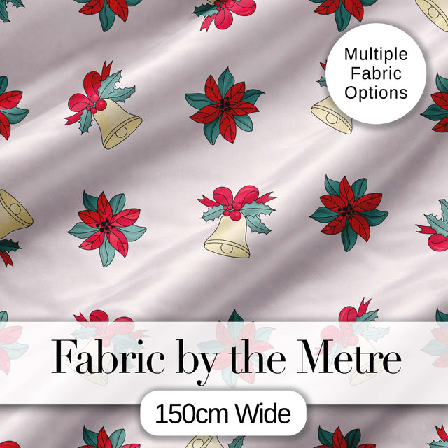 Poinsettia Flower Christmas Bell Holly Seamless Pattern Digital Print Fabric by the Metre UK Sewing Quilting Textile