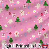 Cute Christmas Teddy Gingerbread Tree Candy Seamless Pattern Digital Print Fabric by the Metre UK Sewing Quilting Textile
