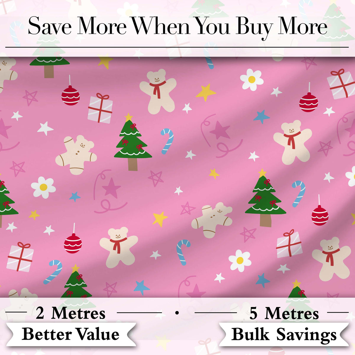 Cute Christmas Teddy Gingerbread Tree Candy Seamless Pattern Digital Print Fabric by the Metre UK Sewing Quilting Textile
