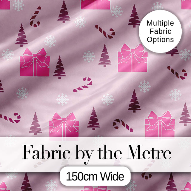 Cute Pink Christmas Gifts Candy Cane Snowflake Seamless Pattern Digital Print Fabric by the Metre UK Sewing Quilting Textile