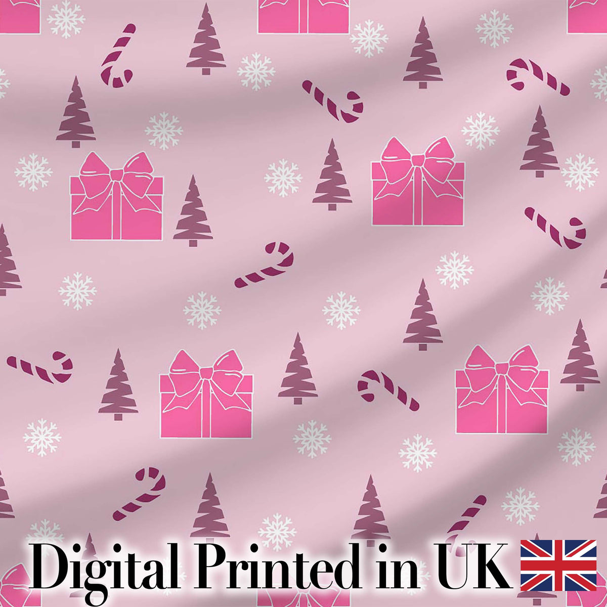 Cute Pink Christmas Gifts Candy Cane Snowflake Seamless Pattern Digital Print Fabric by the Metre UK Sewing Quilting Textile
