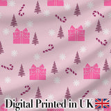 Cute Pink Christmas Gifts Candy Cane Snowflake Seamless Pattern Digital Print Fabric by the Metre UK Sewing Quilting Textile