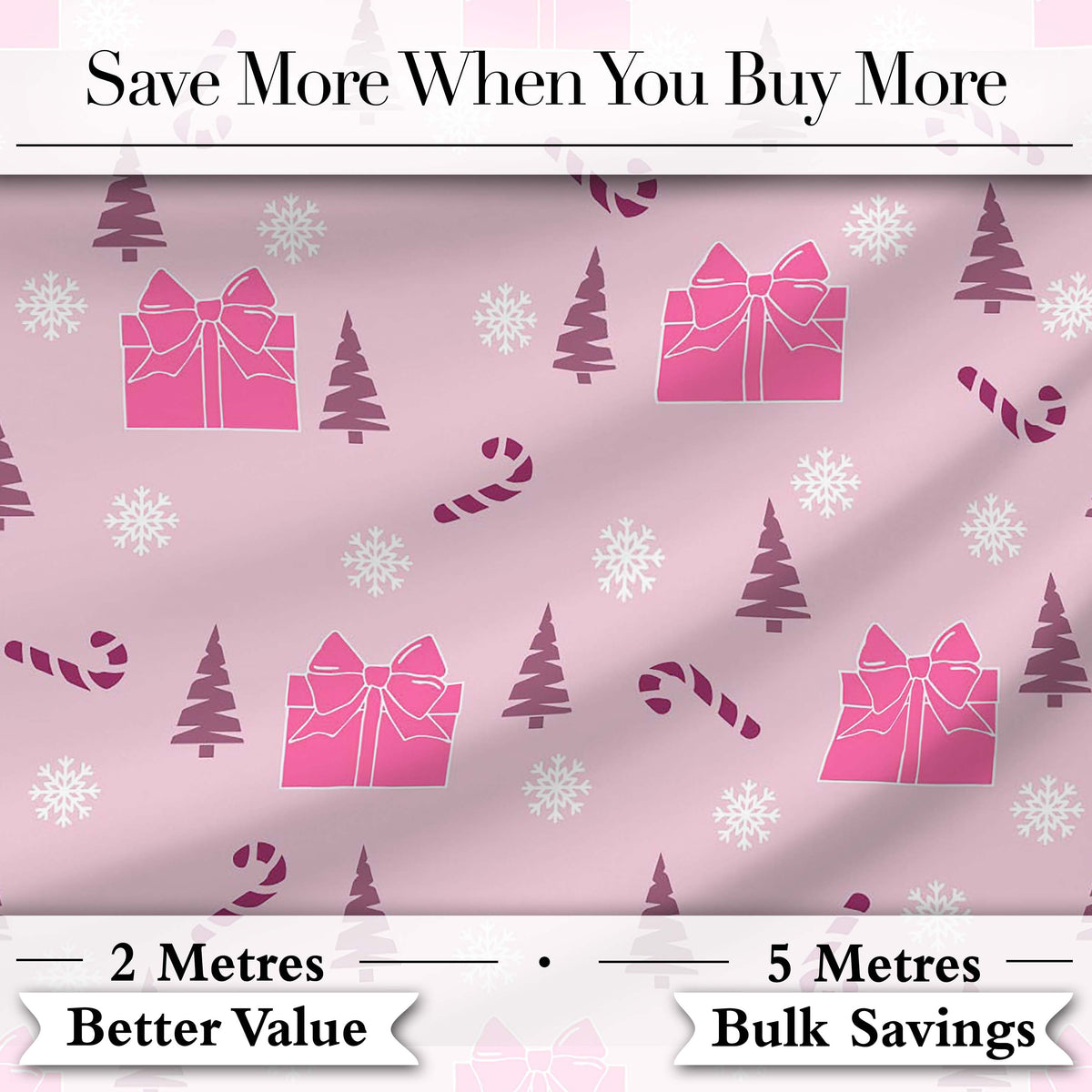Cute Pink Christmas Gifts Candy Cane Snowflake Seamless Pattern Digital Print Fabric by the Metre UK Sewing Quilting Textile