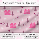 Cute Pink Christmas Gifts Candy Cane Snowflake Seamless Pattern Digital Print Fabric by the Metre UK Sewing Quilting Textile