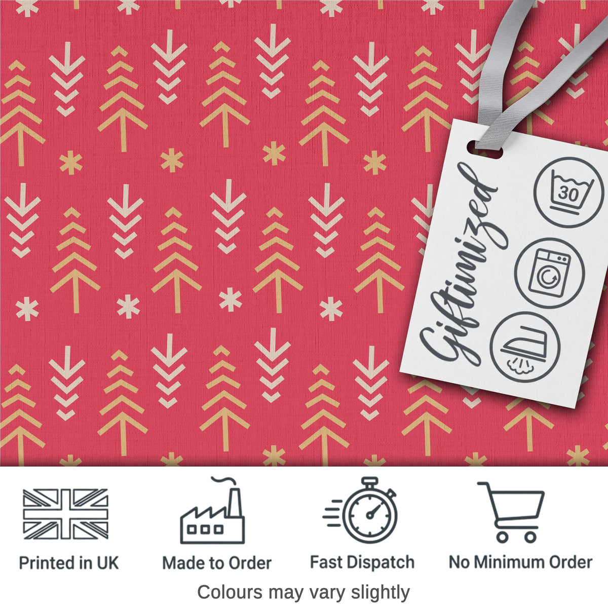Minimalist Christmas Tree Arrow Pattern Red Gold Festive Seamless Pattern Digital Print Fabric by the Metre UK Sewing Quilting Textile