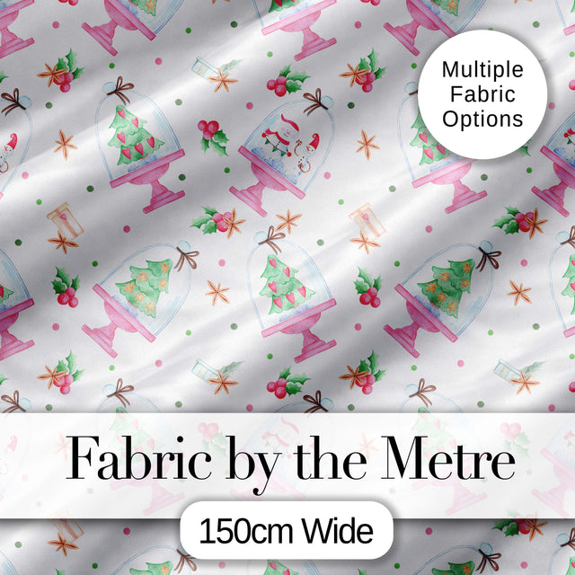 Watercolor Christmas Snow Globe Tree Holiday Seamless Pattern Digital Print Fabric by the Metre UK Sewing Quilting Textile