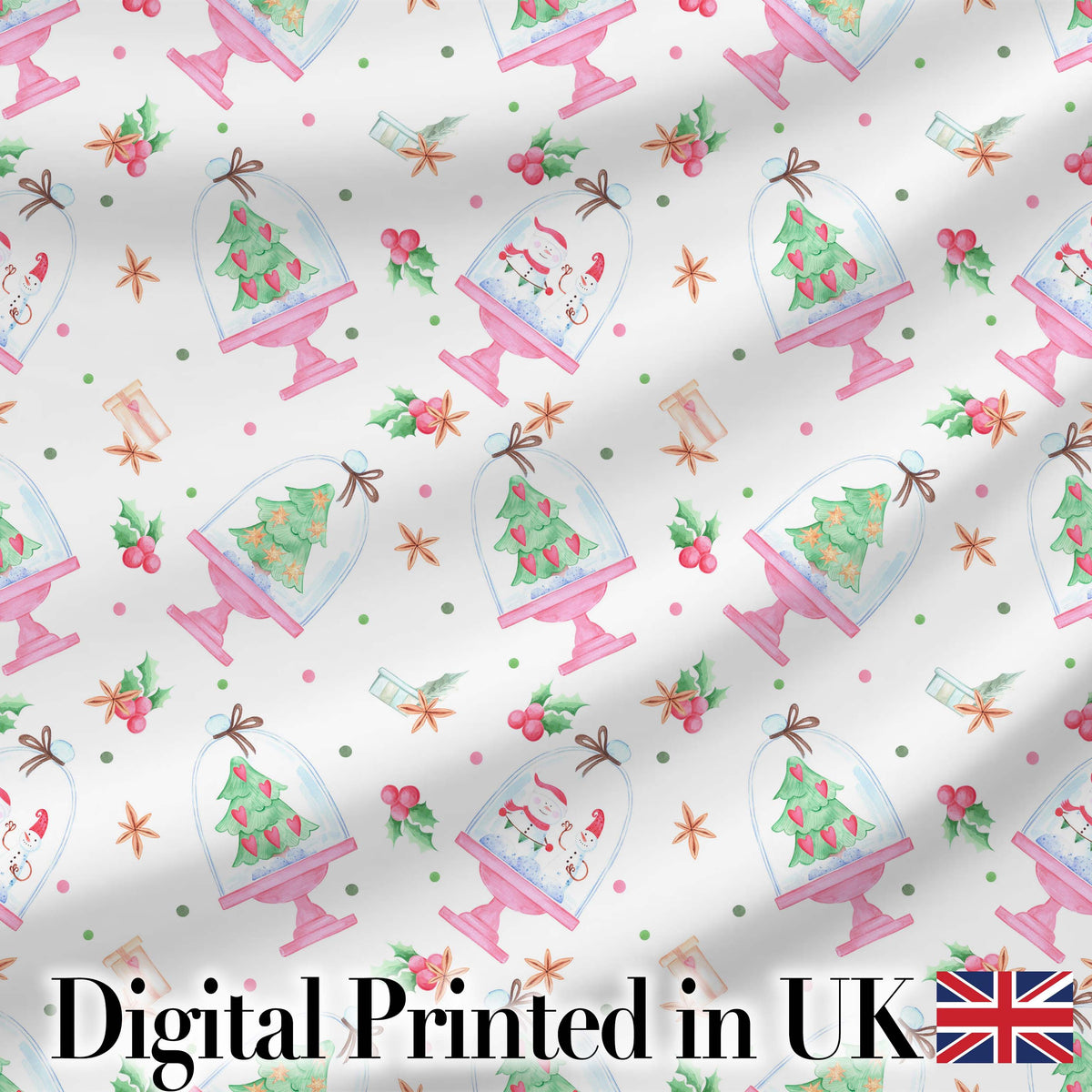 Watercolor Christmas Snow Globe Tree Holiday Seamless Pattern Digital Print Fabric by the Metre UK Sewing Quilting Textile