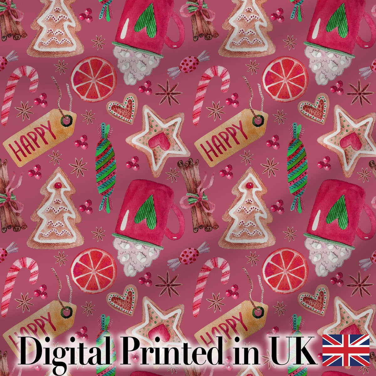 Watercolor Christmas Sweets Candy Cookie Festive Seamless Pattern Digital Print Fabric by the Metre UK Sewing Quilting Textile