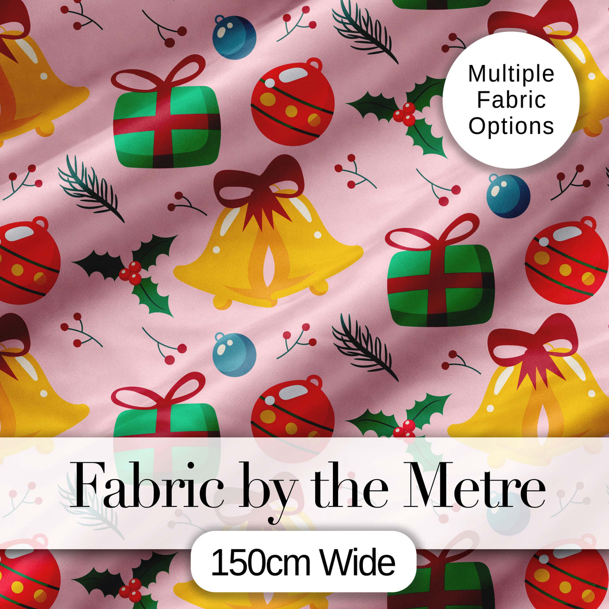 Cute Christmas Bells Gift Box Holly Berry Seamless Pattern Digital Print Fabric by the Metre UK Sewing Quilting Textile