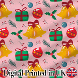 Cute Christmas Bells Gift Box Holly Berry Seamless Pattern Digital Print Fabric by the Metre UK Sewing Quilting Textile