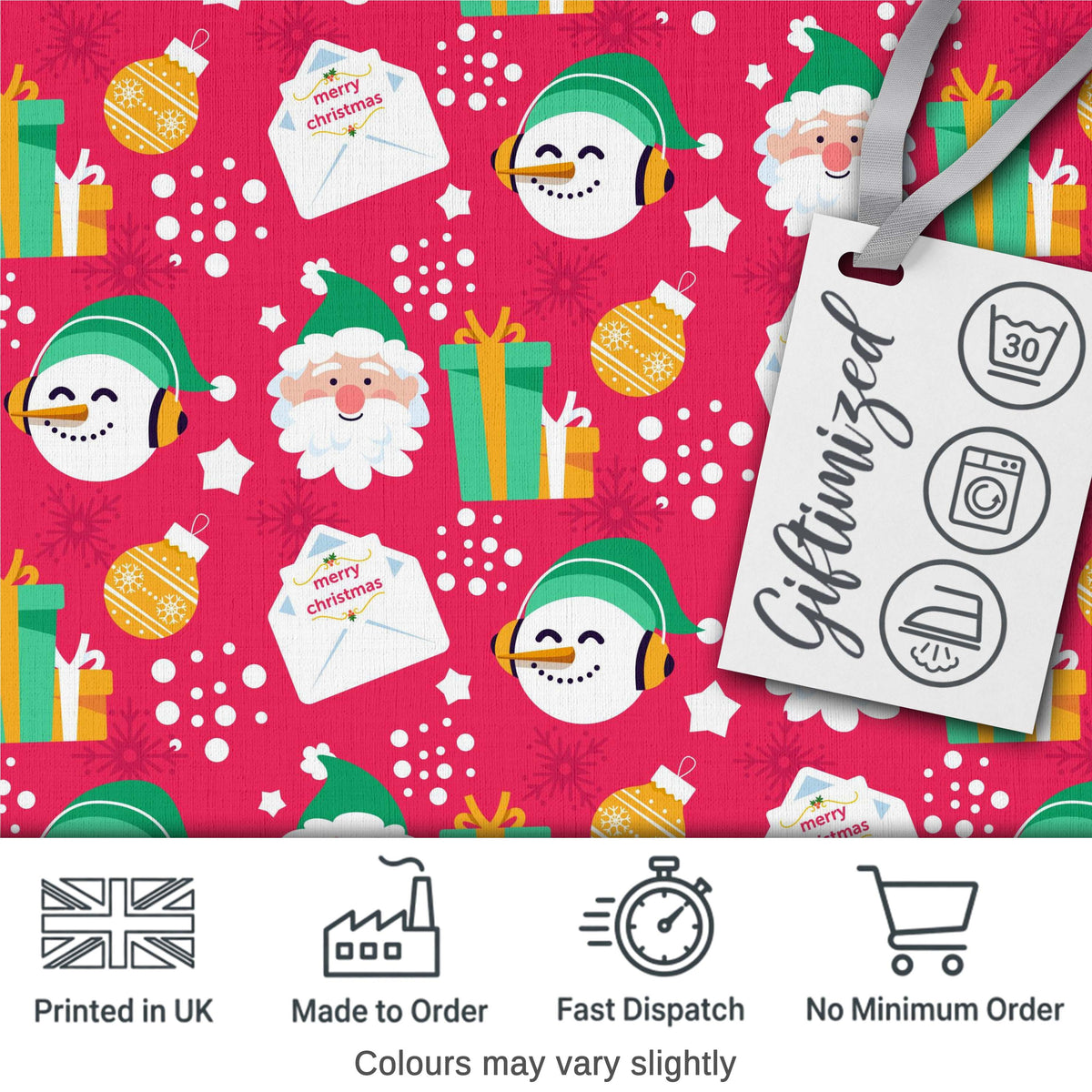 Cute Santa Snowman Gift Merry Christmas Seamless Pattern Digital Print Fabric by the Metre UK Sewing Quilting Textile