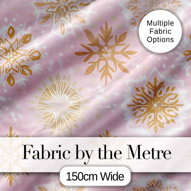 Elegant Gold Snowflake Pink Background Seamless Pattern Digital Print Fabric by the Metre UK Sewing Quilting Textile