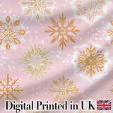 Elegant Gold Snowflake Pink Background Seamless Pattern Digital Print Fabric by the Metre UK Sewing Quilting Textile