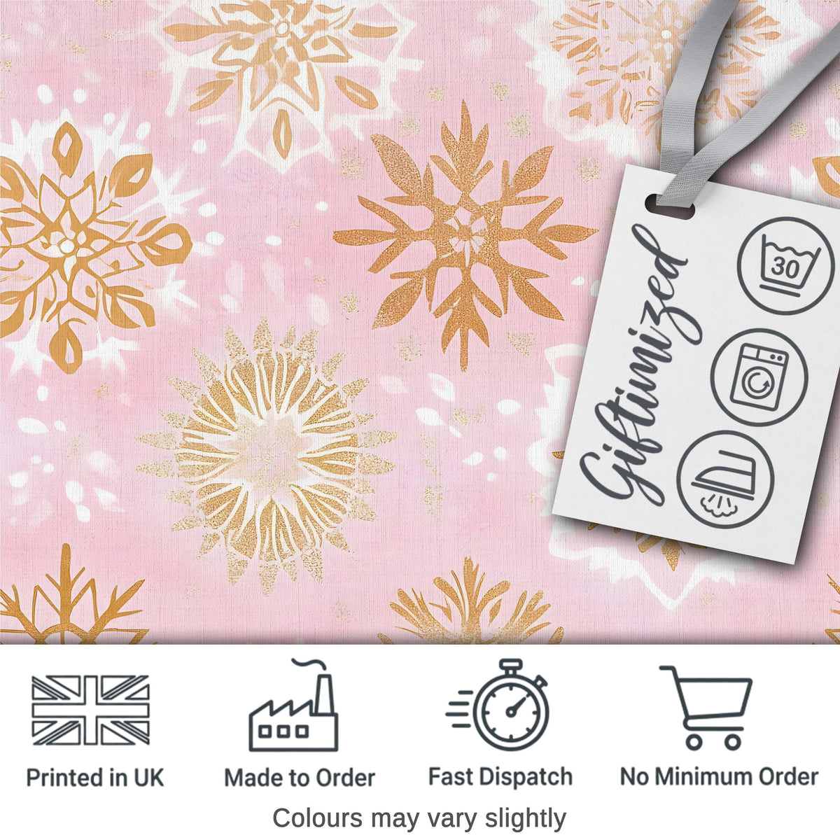 Elegant Gold Snowflake Pink Background Seamless Pattern Digital Print Fabric by the Metre UK Sewing Quilting Textile