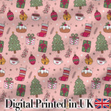 Cute Christmas Coffee Cake Tree Ornament Seamless Pattern Digital Print Fabric by the Metre UK Sewing Quilting Textile