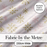 Elegant Gold Snowflake White Pink Seamless Pattern Digital Print Fabric by the Metre UK Sewing Quilting Textile