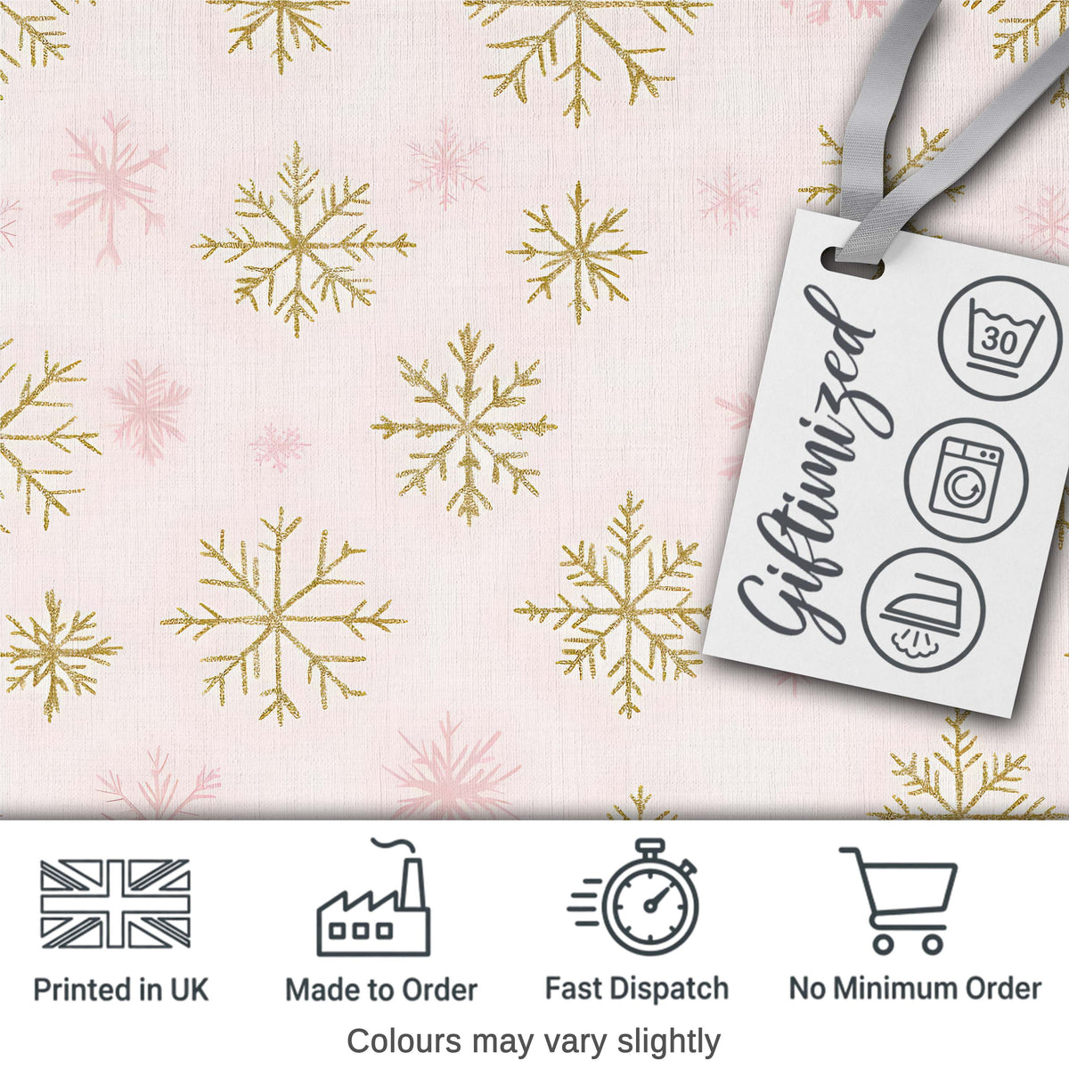 Elegant Gold Snowflake White Pink Seamless Pattern Digital Print Fabric by the Metre UK Sewing Quilting Textile