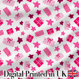 Cute Pink Gift Box Star Festive Seamless Pattern Digital Print Fabric by the Metre UK Sewing Quilting Textile