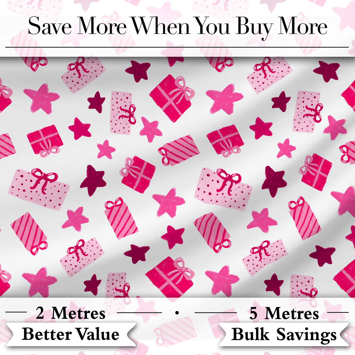 Cute Pink Gift Box Star Festive Seamless Pattern Digital Print Fabric by the Metre UK Sewing Quilting Textile