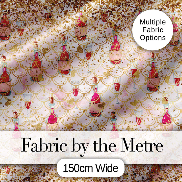 Luxury Champagne Bottle Gold Glitter Party Seamless Pattern Digital Print Fabric by the Metre UK Sewing Quilting Textile