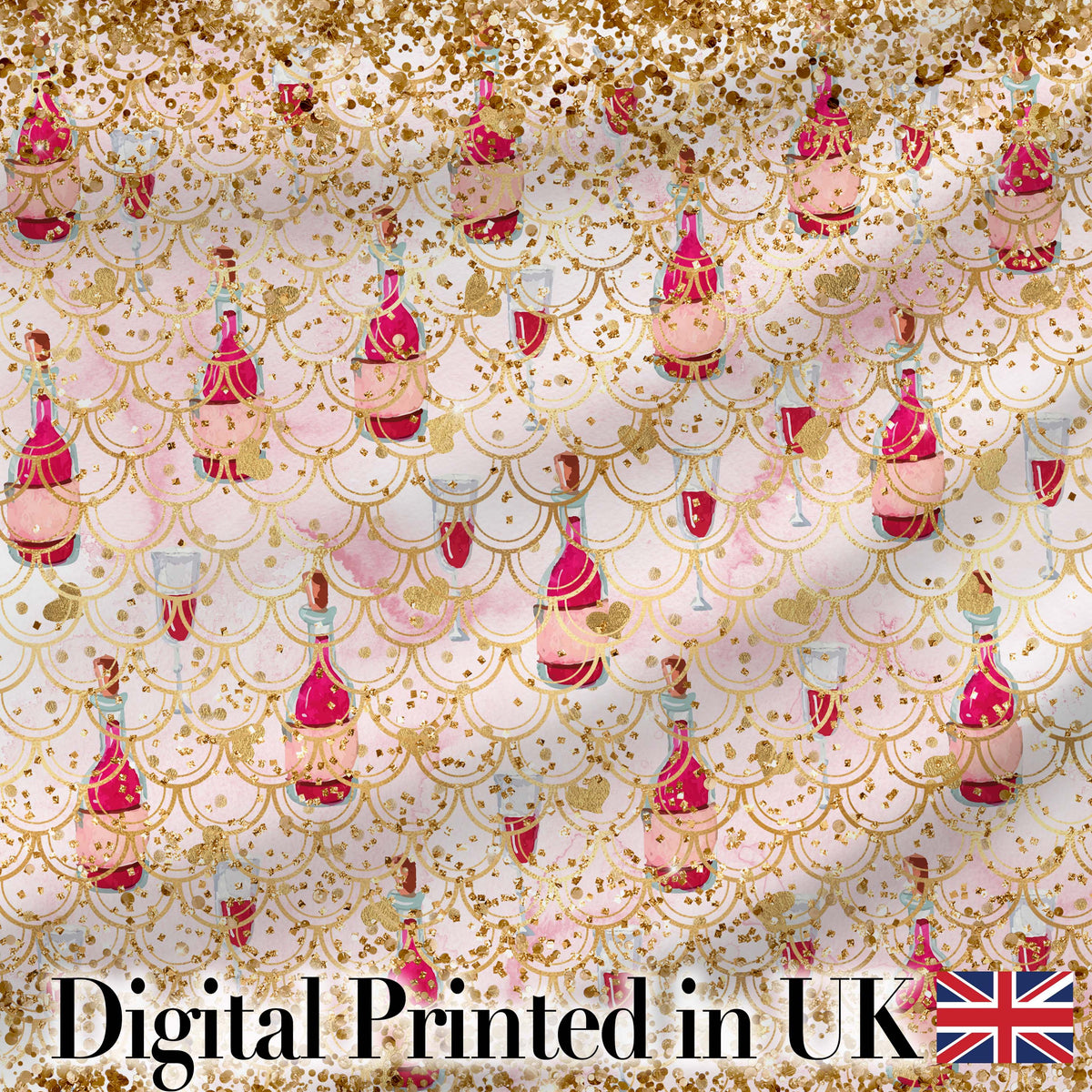 Luxury Champagne Bottle Gold Glitter Party Seamless Pattern Digital Print Fabric by the Metre UK Sewing Quilting Textile