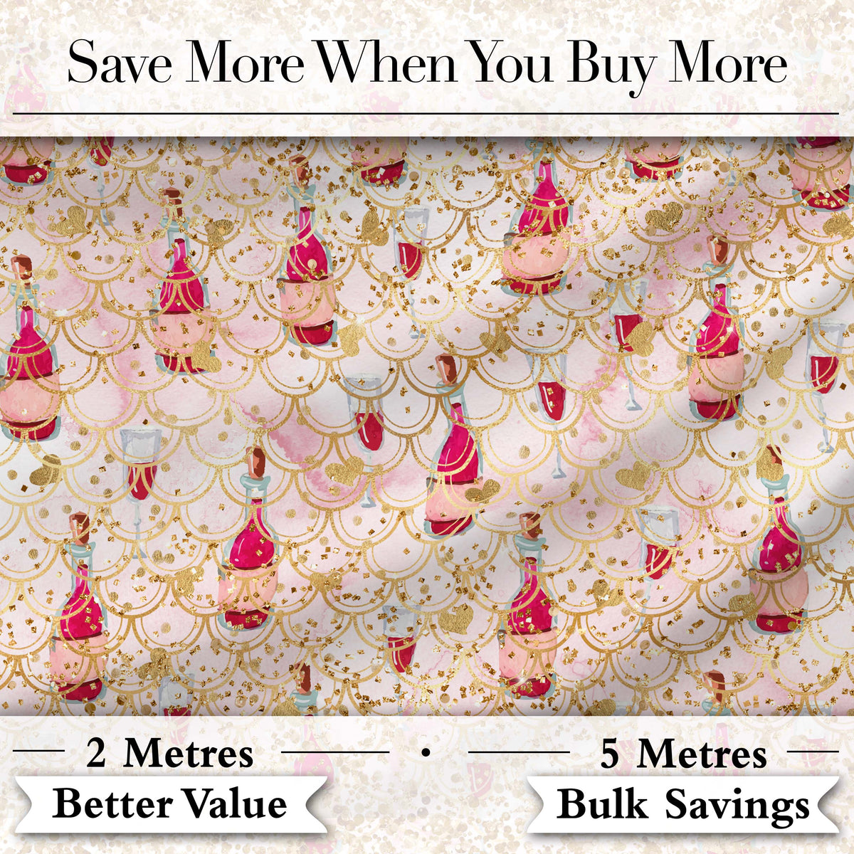 Luxury Champagne Bottle Gold Glitter Party Seamless Pattern Digital Print Fabric by the Metre UK Sewing Quilting Textile