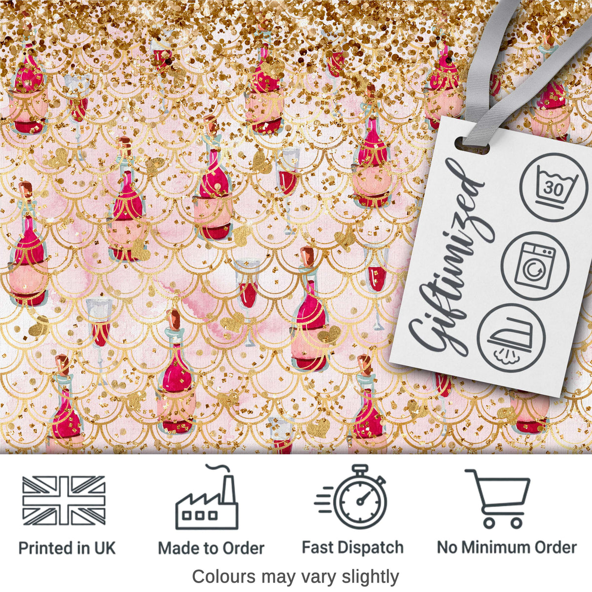 Luxury Champagne Bottle Gold Glitter Party Seamless Pattern Digital Print Fabric by the Metre UK Sewing Quilting Textile